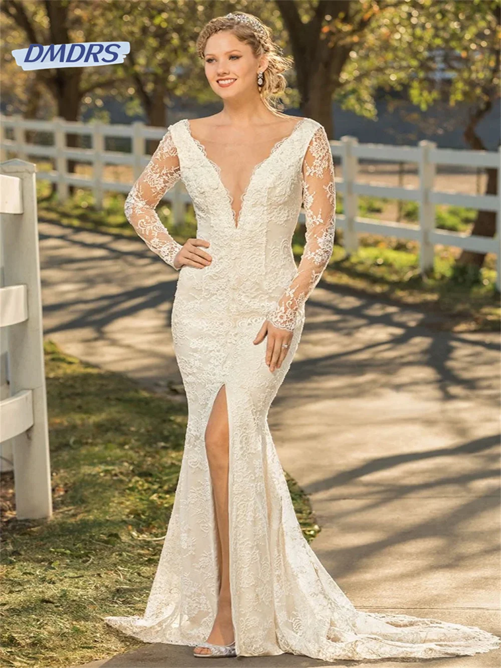 

Bohemian O-neck Mermaid Wedding Dress Pastrol Lace Floor-length Bridal Gown Beach Vestidos De Novia