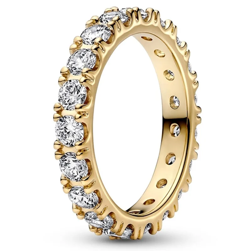 

Authentic 925 Sterling Silver Sparkling Gold Row Eternity With Crystal Ring For Women Wedding Party Fashion Jewelry