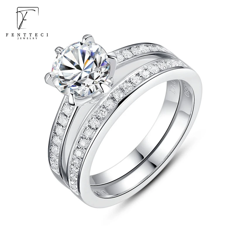 FENTTECI 925 Sterling Silver 6 Prongs Micro-set Diamond Ring Women's Light Luxury Double Wear Ring Fashion Luxury Wedding Ring