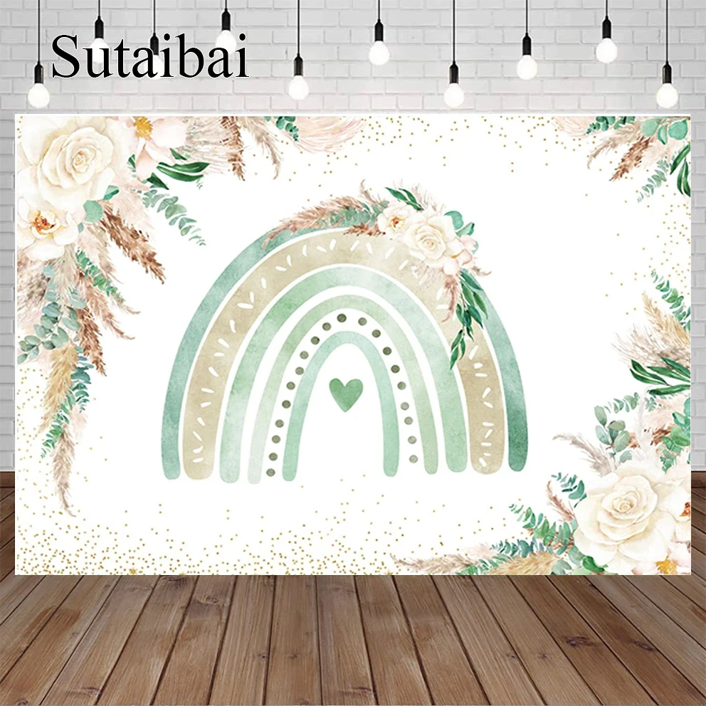 

Green and White Boho Rainbow Baby Shower Backdrop for Kids Boy Girl Bohemian Pampas Grass Floral Sage Greenery Gender Party