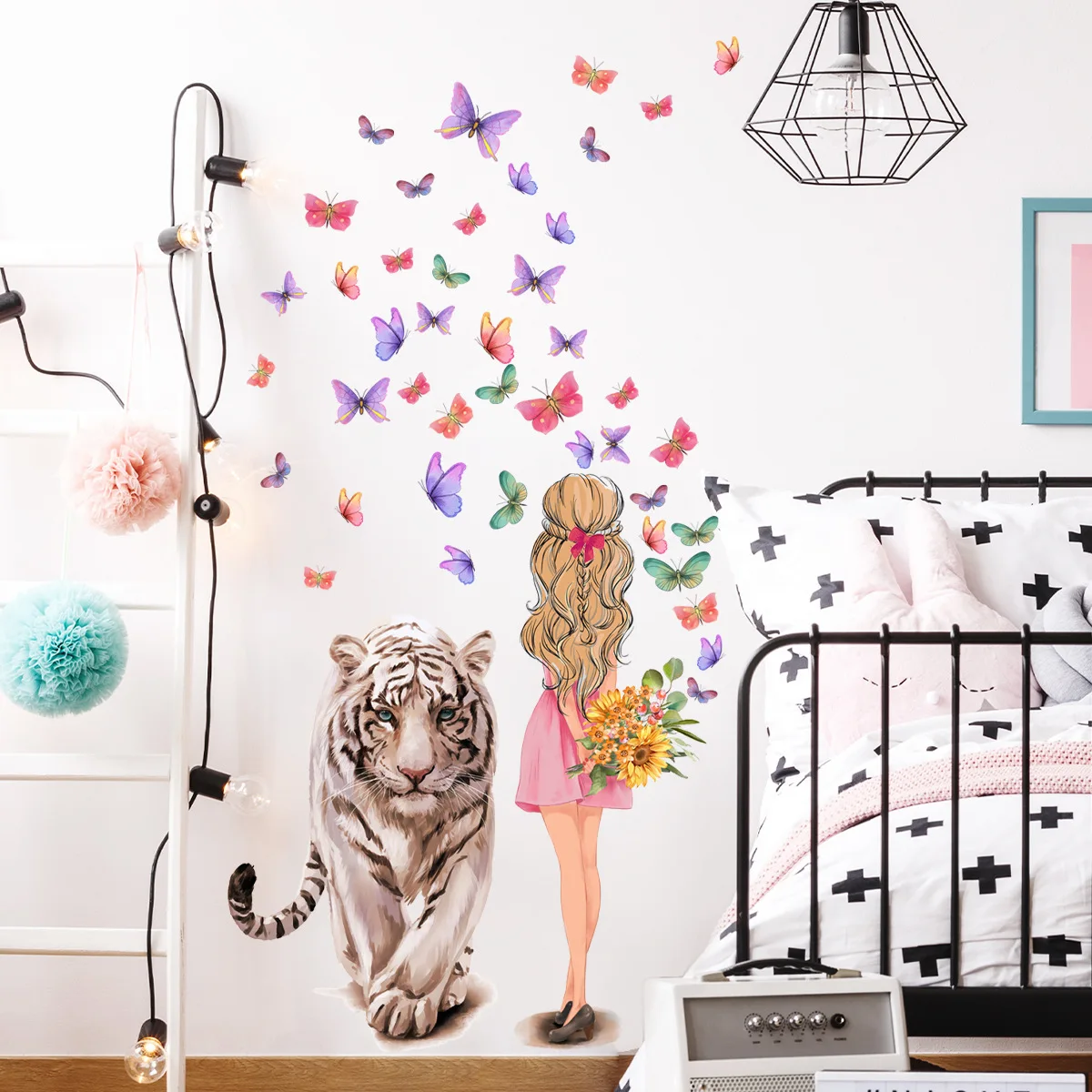 

Tiger girl butterfly wall sticker For Kids Living Room Home Decoration Bedroom Wallpaper Adhesive Removable Decals Mural Sticker