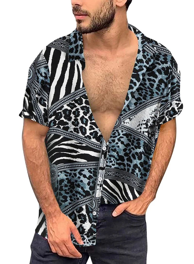 

Рубашка мужская с леопардовым принтом, модная винтажная Повседневная рубашка в полоску, с коротким рукавом, на пуговицах, в стиле Харадзюку,...