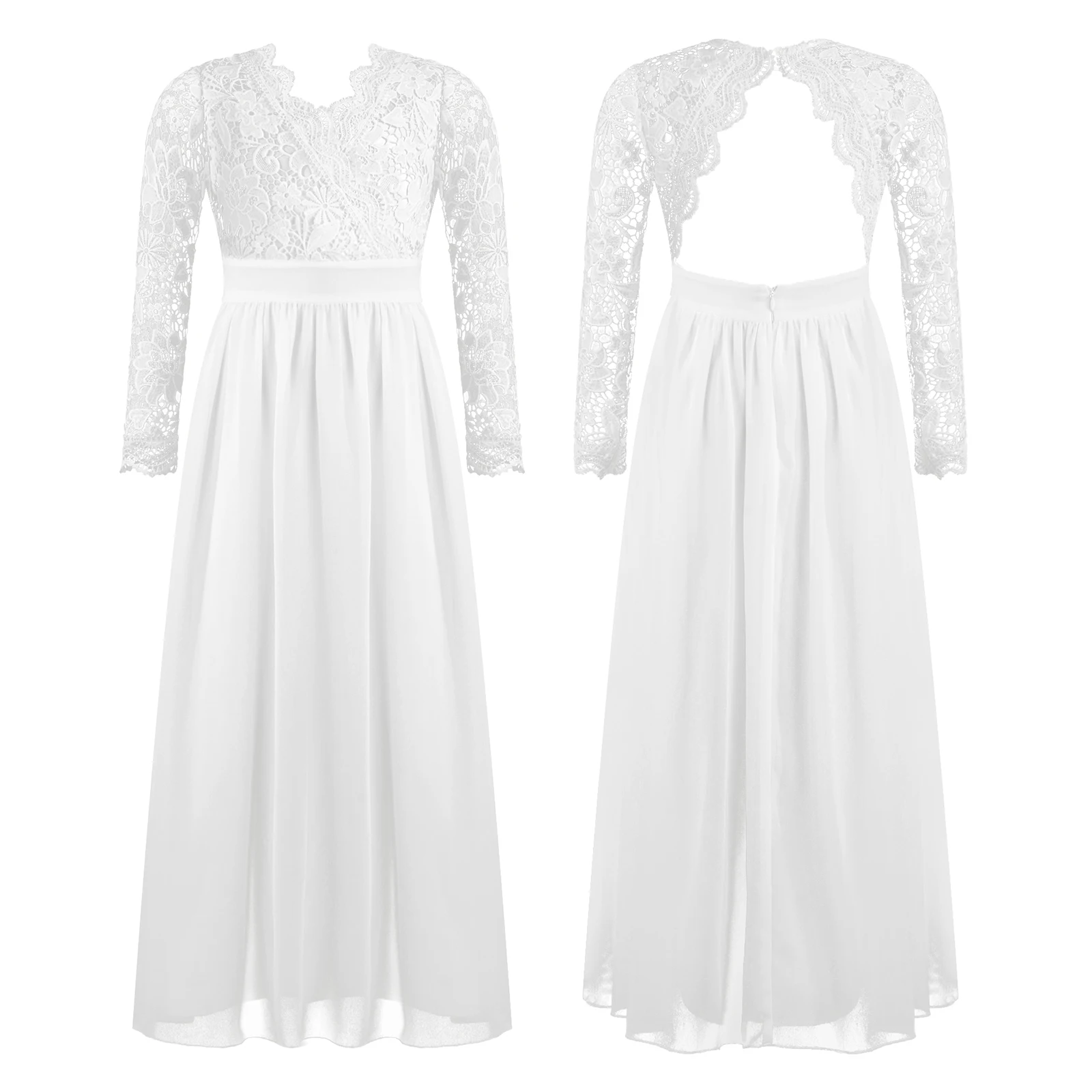 

Kids Girls White Long Party Dress Chic Guipure Lace Bodice Chiffon Dress Long Sleeve Wrap V-neck Backless Skirt for Wedding Wear