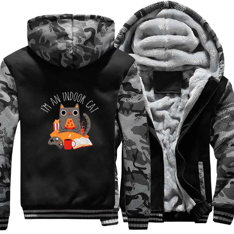 

I'm An Indoor Cat Funny Jackets For Men Fleece Bomber Jacket Winter Thick Streetwear Zipper Hooded Warm Coats Clothing Outerwear
