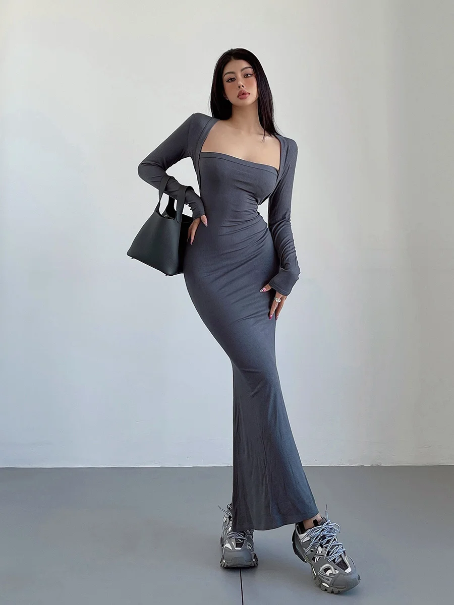 

Sexy Square WOMENGAGA Neck Tight-fitting Dress Thin Elegant Fishtail Long Dresses Fashion Women Robe 2023 Spring 0Y3B