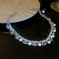temperament super shine rhinestone pearl round necklace for femme charm elegant cubic zircon kolye choker engagement jewelry