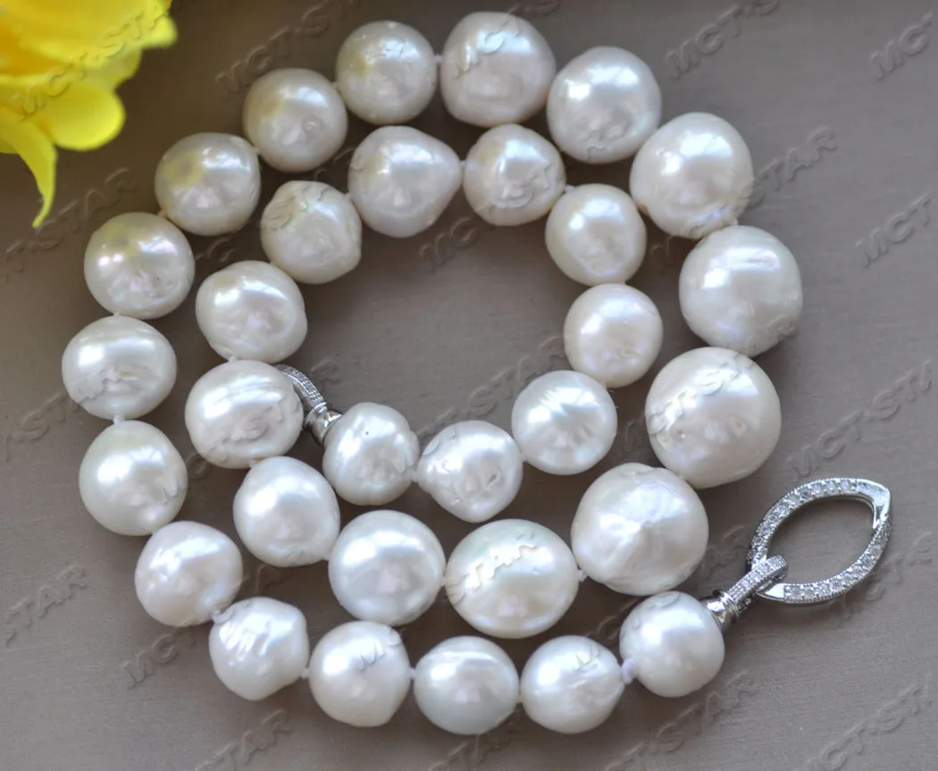 

MCT·STAR Z11873 18'' 15mm White Almost Round Freshwater Pearl Necklace CZ