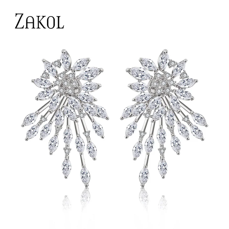 

ZAKOL Personality White Gold Geometry CZ Zirconia Crystal Flower Statement Stud Earrings for Women Party Jewelry Gift EP544