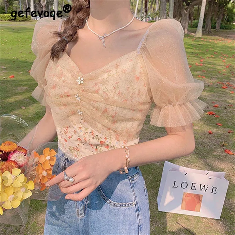 

Summer Floral Kawaii Shirts Women Short Sleeve Elegant Chic Korean Style Clothing Holiday French Vintage Pretty Lace Tops Female