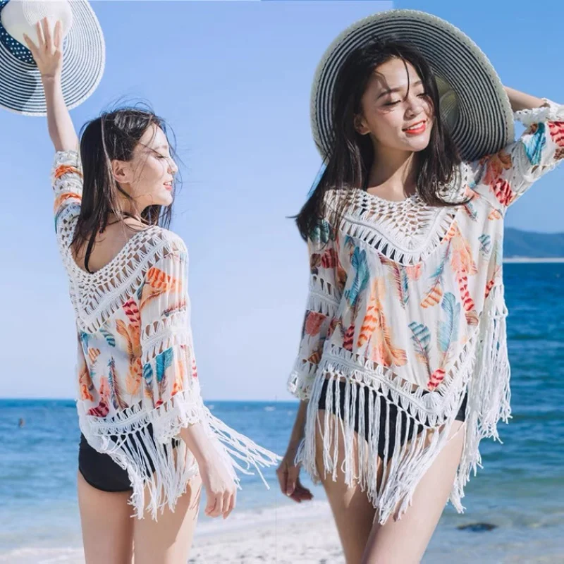 

Женская трикотажная блузка бикини с вырезами, летняя свободная пляжная блузка с защитой от солнца для отдыха на море, рубашка, накидка для купания