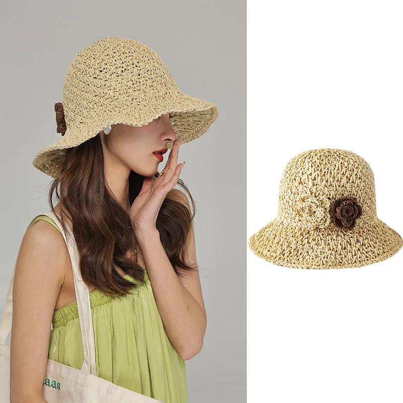 

Шляпа женская Соломенная с цветами, складная Солнцезащитная пляжная шапка с большими полями, летняя уличная