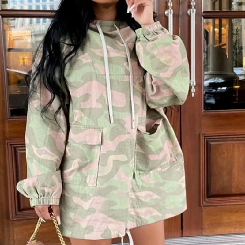 

2022 New Autumn Women's Casual Loose Dress, Camouflage Printing and Dyeing Pocket Hooded Drawstring Pullover Dress Street Women