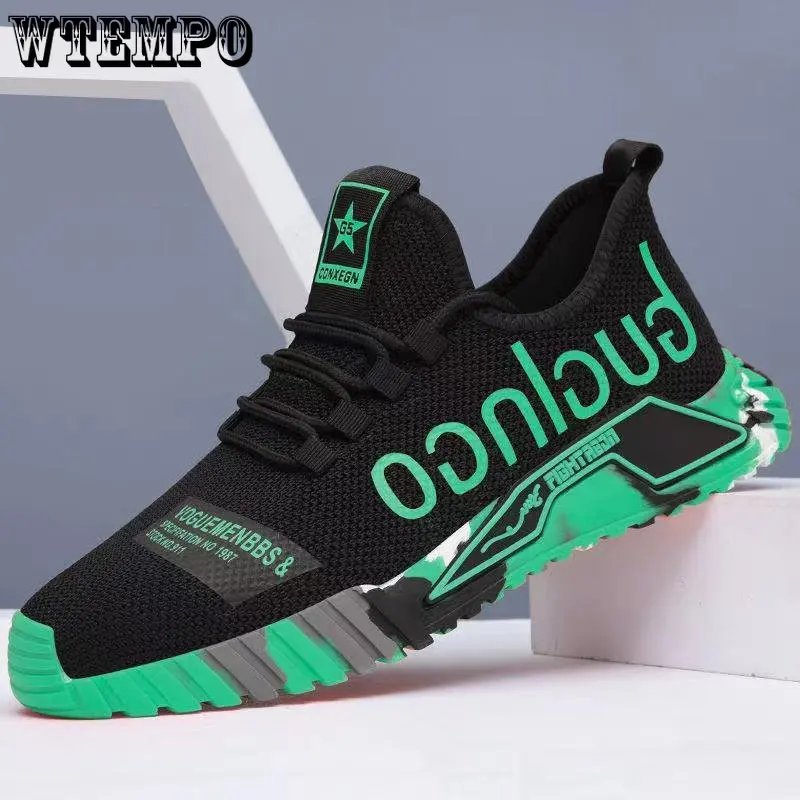 

WTEMPO Green Breathable Summer Sneakers Elastic Lace Up Men's Running Shoes Casual Sneakers Flying Woven Mesh Sports Shoes