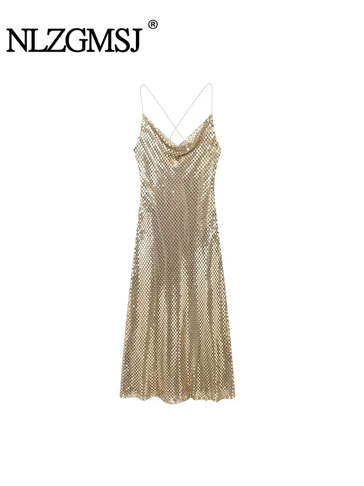 

TRAF 2024 Spring Autumn Woman Beaded Mesh Lingerie Style Sling Midi Long Dress Fashion Sleeveless Vintage Causal Slim Dresses