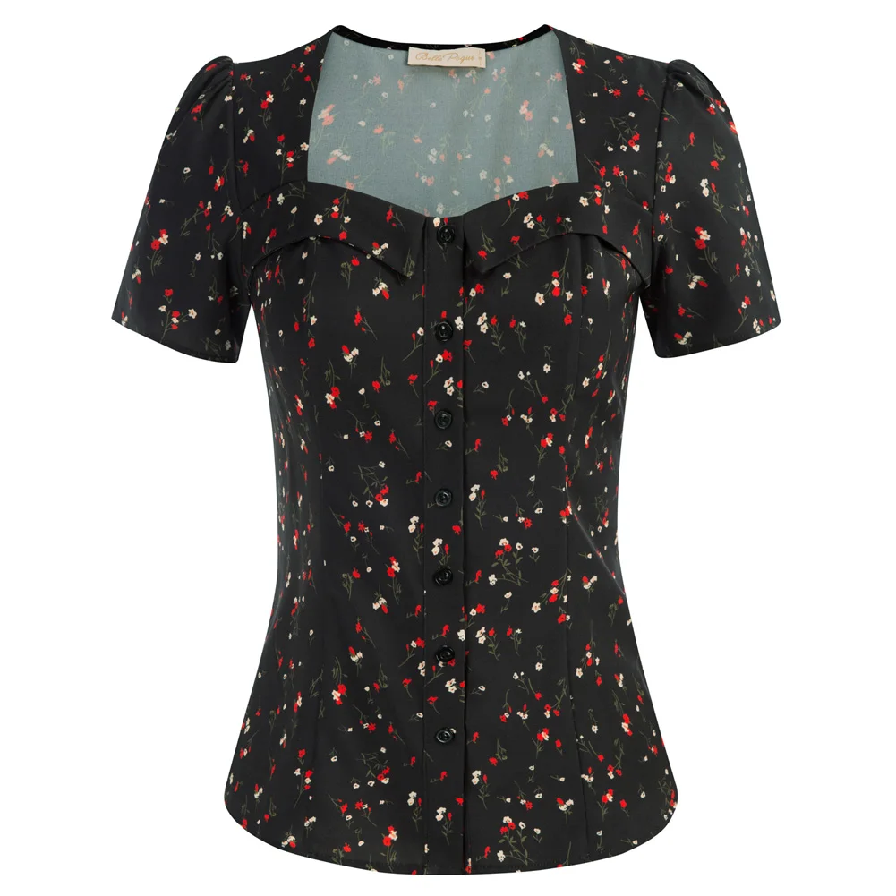 

BP Women Sweetheart Neck Shirt Short Sleeve Curved Hem Button Placket Tops Elegant Ladies Summer Clothes Curved Hem Blouse A30