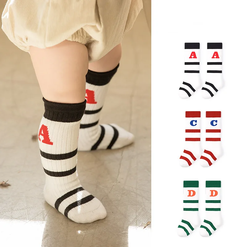 

2 Pairs/lot Knee High Socks Combed Cotton With Boneless Stripes In Letter Stockings In Spring And Summer Baby Girl Socks