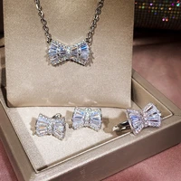 luxury elegant crystal bow pendant bridal jewelry sets silver alloy rhinestone stud earring necklace open ring sets for women