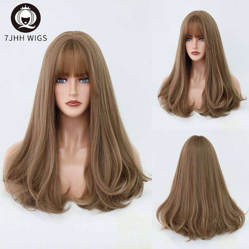 

7JHH Women Synthetic Wigs Long Bottom Wavy Fake Hair Wigs Female Flaxen Brown Color Cosplay Wig with Bangs Heat Resistant Wigs