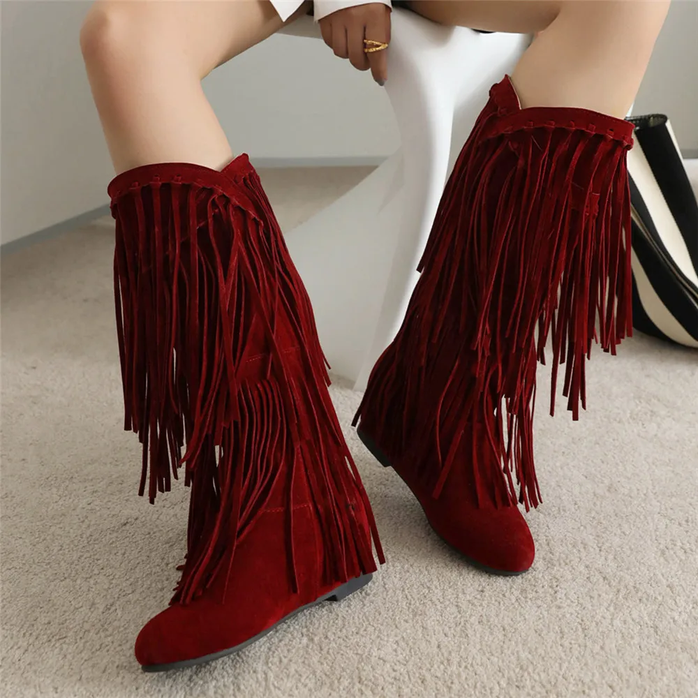 2023 Fashion Ethnic Woman Bohemian Flock Tassle Hidden Moccasin Mid-Calf Boots Fringe Female Slip On Shoes Autumn Winter New