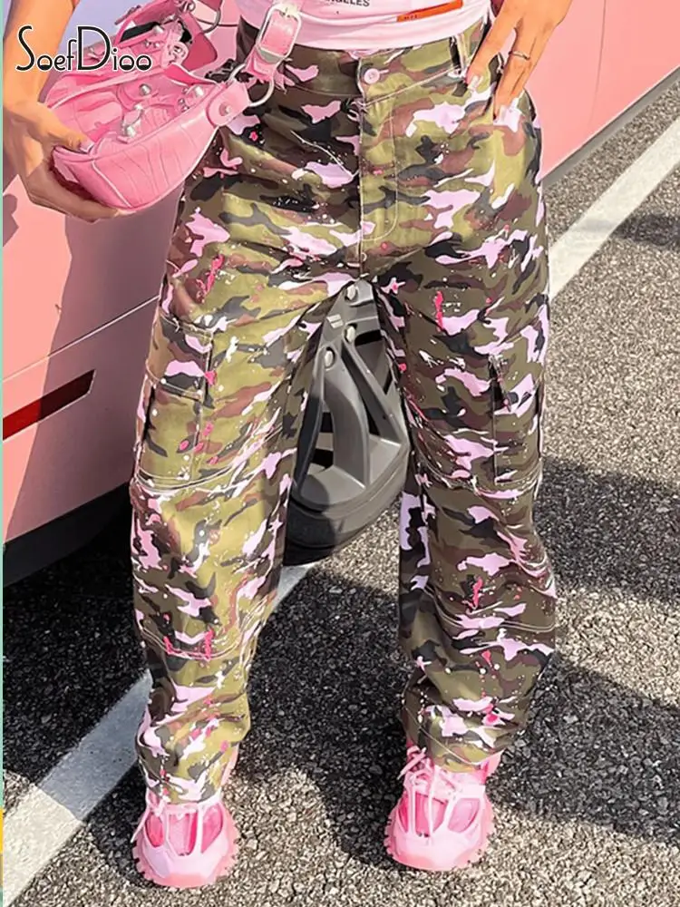 

Soefdioo Pink Camouflage Printed Straight Pants Women Fashion High Waist Wide Leg Cargo Trousers 2023 Female Bottoms Streetwear
