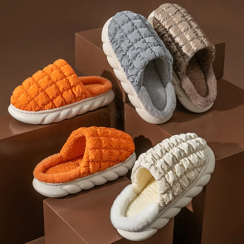 Winter Women Slippers Home Solid Thick Indoor Slippers Female Gingham Warm Plush Platform Soft Slipper Cotton House Shoes Unisex