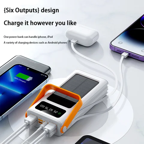 200000 mAh Solar Power Bank Встроенные кабели высокой емкости Внешний аккумулятор со светодиодной подсветкой Power Bank для iPhone Samsung Xiaomi 2025