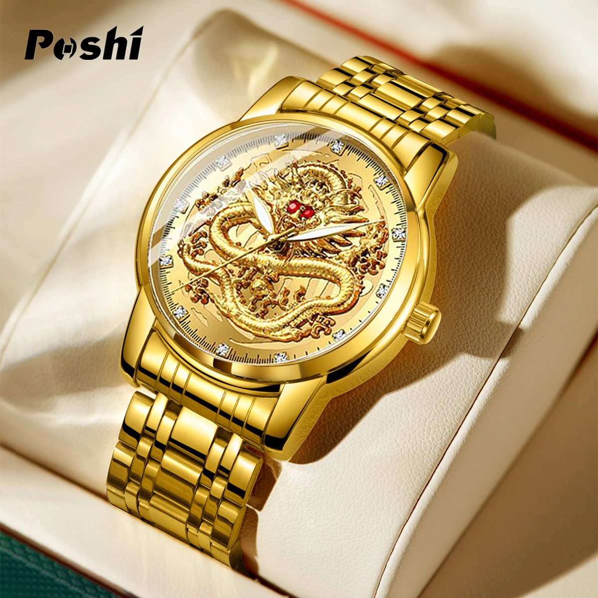 

POSHI Stainless Steel Fashion Quartz Watch Gold Dragon Men's Watches Luxury Original Design Waterproof Quartz Movement Clock
