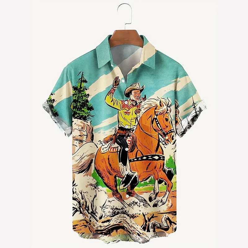 

Гавайские рубашки для мужчин, пляжные футболки в стиле ретро, Ковбойские рубашки с коротким рукавом и 3D-принтом, Алоха, повседневные свободные топы большого размера, летняя одежда