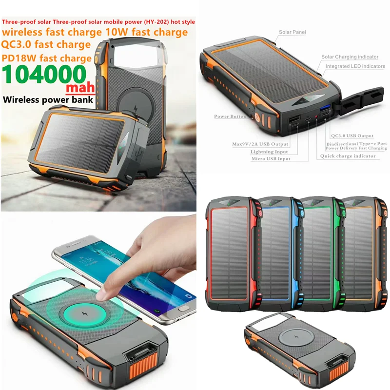

New upgraded version of solar wireless power bank 104000mah100000mahfast charging mobile power supply forHuawei Oppo Xiaomi ViVo