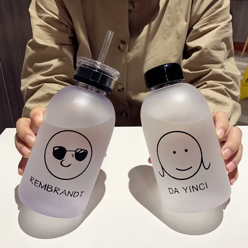 

600ml Cute Water Cup Creative Water Bottles With Straw Transparent Cartoon Water Bottle Drinkware Frosted Leak-proof Shaker