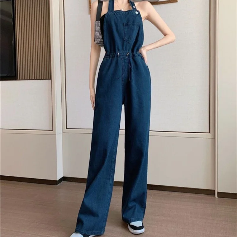 

New Denim Strap Pants Women's Spring Cool Hang Neck Waist Loose Straight Leg Wide Leg Mop One-piece Pants