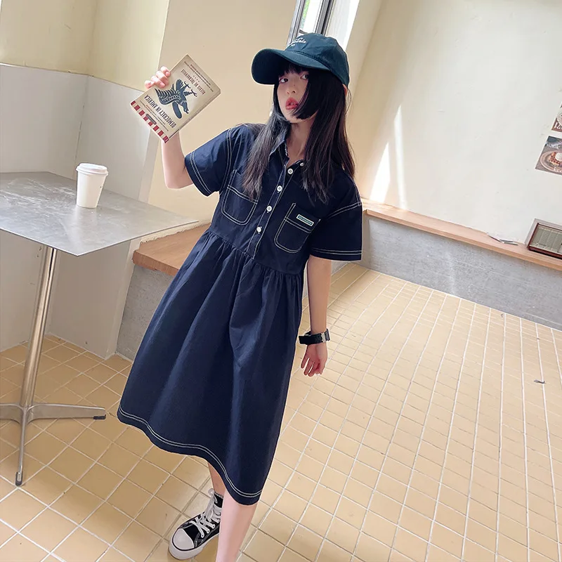 

Girls dress 2022 summer new Japanese denim shirt skirt loose and thin doll long dress