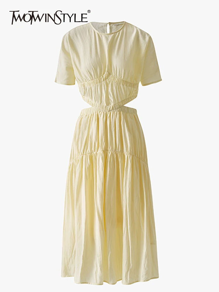 

TWOTWINSTYLE Cut Out Yellow Dress For Women Round Neck Short Sleeve High Waist Solid Minimalist Summer Dresses Female Clothing