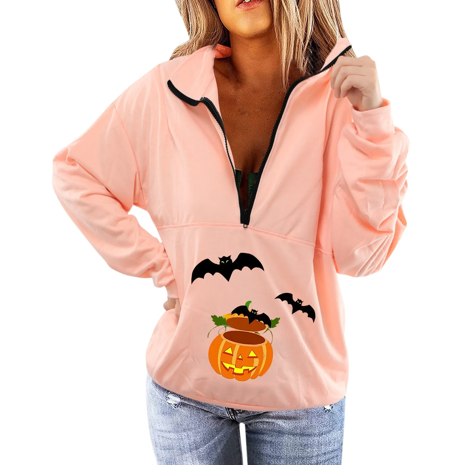 Vintage Polo Shirt Womens Stand Collar Half Zipper Halloween Pumpkin Printing Long Sleeve Sweatshirts Casual Loose Hoodies