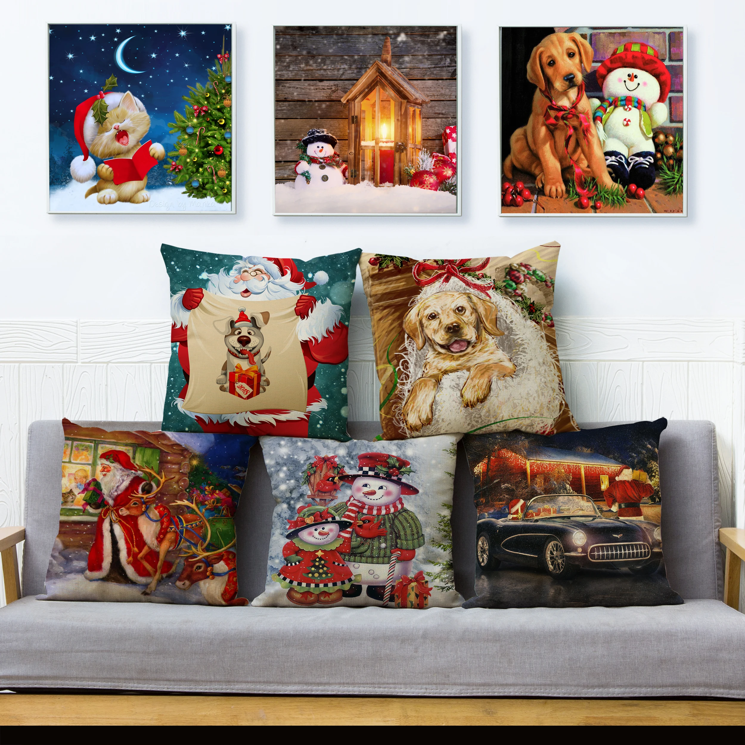 

Наволочка на подушку с рождественской тематикой, с мультяшным принтом Санта-Клауса, снеговика, 45*45 см, для дивана, домашний декор, квадратные...