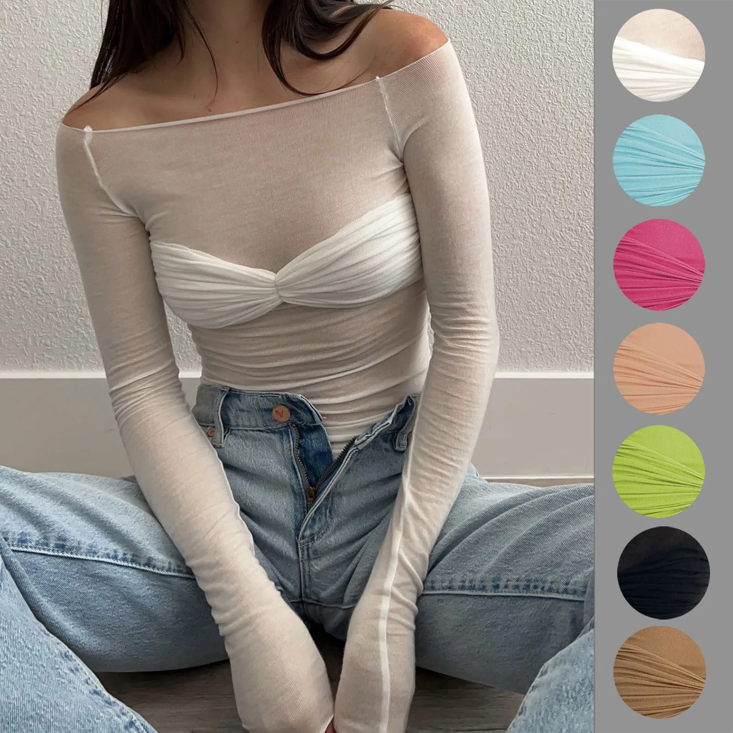 

Mesh Sheer Off-Shoulder Top Shirt For Women New Long Sleeve See-Through Lace Knit Pullover Tops Summer Mesh Top T-Shirt