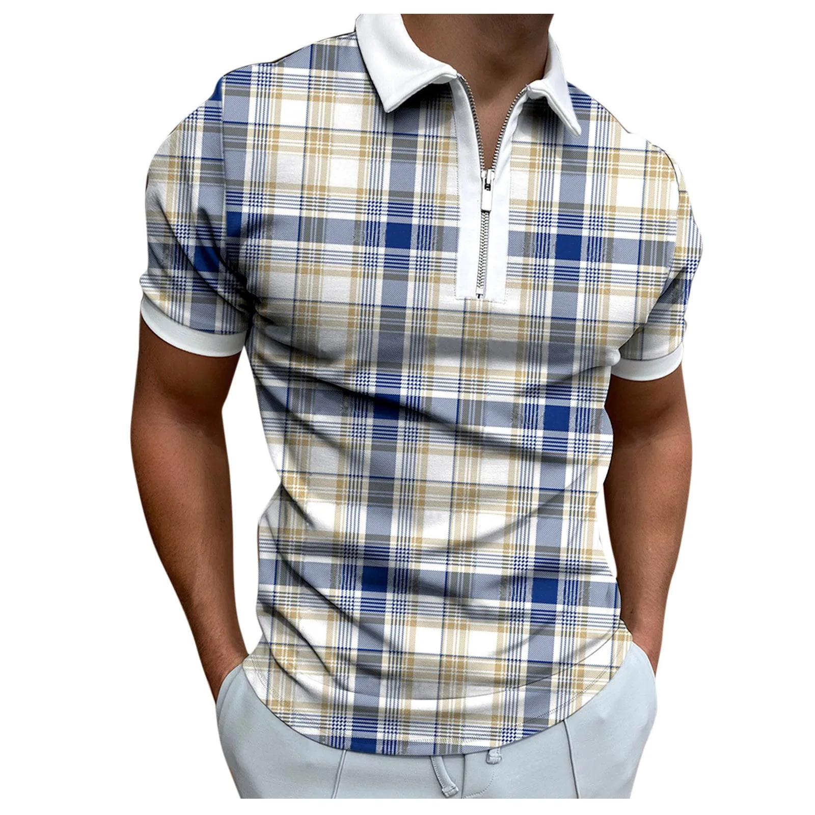 

Men geometric Casual Fashion Tops Shirt Zipper Turn-Down Collar Blouse Printing Strip Raglan Short Sleeve boy Loose Tops Shirt