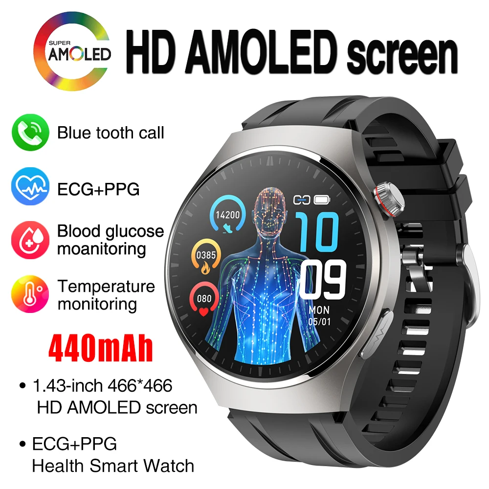 

Smart Watches Men 1.43' AMOLED 466*466 ECG+PPG Non-invasive Blood Sugar Heart Rate Blue Tooth Call Smartwatch Waterproof Sports