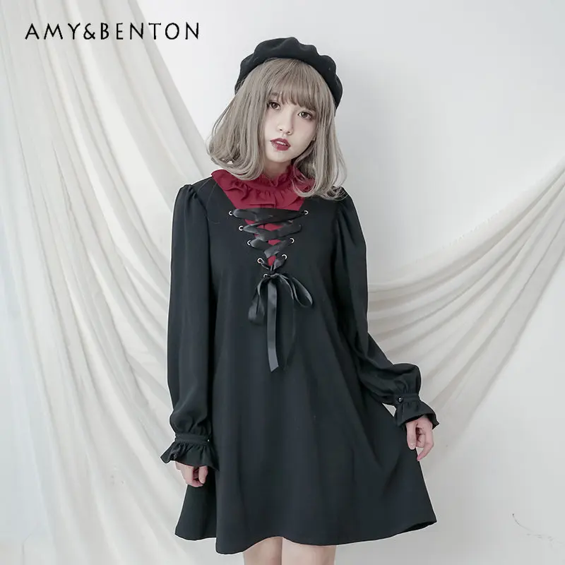 Spring Autumn New Vintage Dress Stand-up Collar Puff Sleeve Dress Casual Dresses for Women