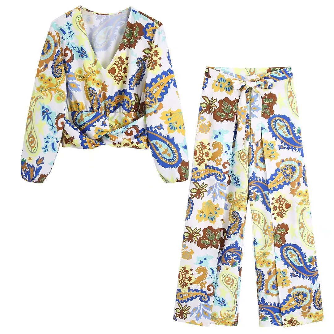 

Summer New Women's Knot Printed Shirt Blouses Crop Tops and Scarf Printed Pants