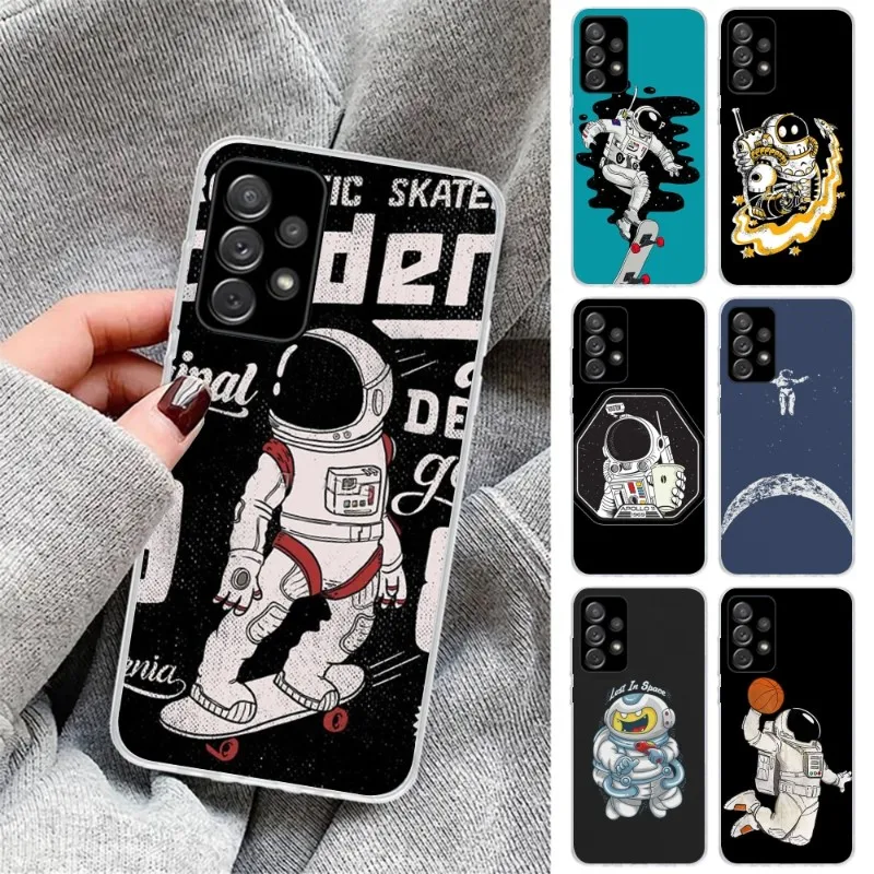 Space Rider Cat Skateboard Phone Case For Samsung Galaxy S23 S22 S21 Plus Ultra A12 A32 A53 Transparent Cover