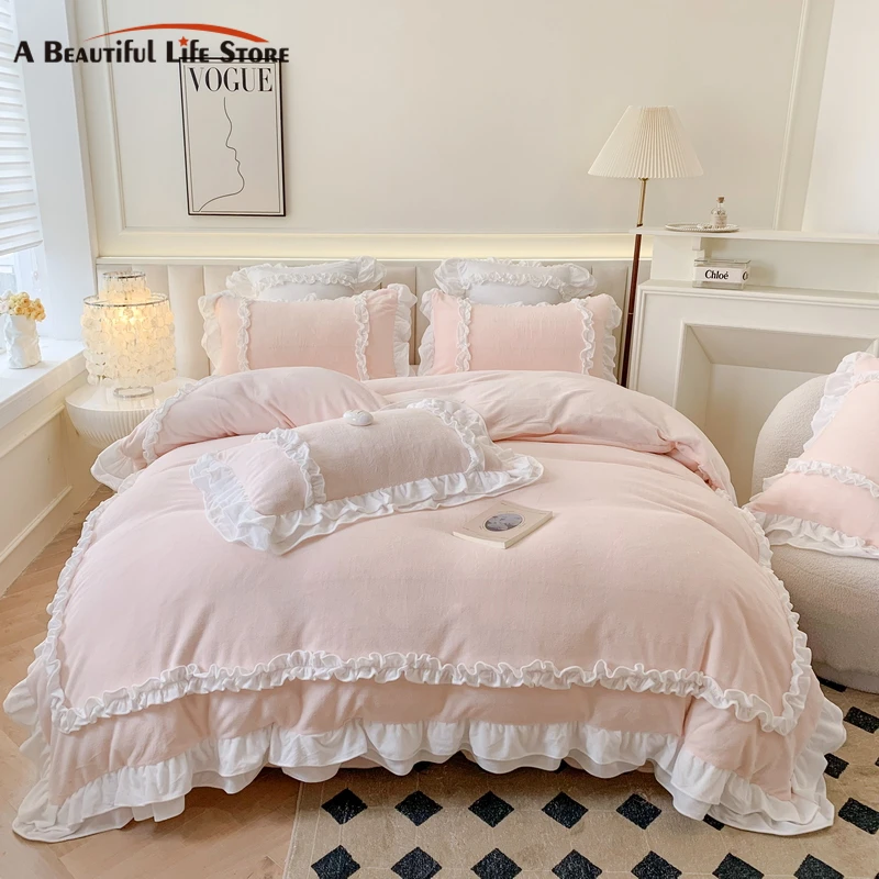 

Autumn Winter Warm Shaggy Velvet Fleece Princess Bedding Set Short Plush Duvet Cover Bed Comforter Cover Bed Sheet Pillowcases