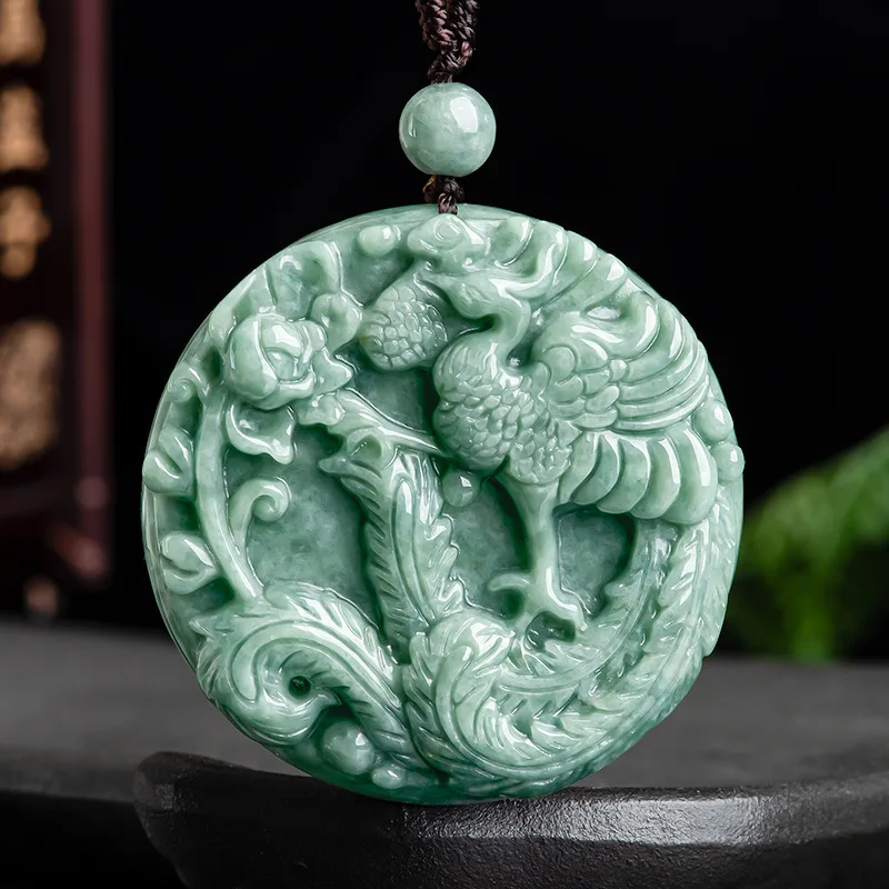 

JiaLe/Hand-Carved/Natural Ice Species Jade Phoenix Peony Emerald Necklace Pendant Fine Jewelry Men Women Accessories Amulet Gift