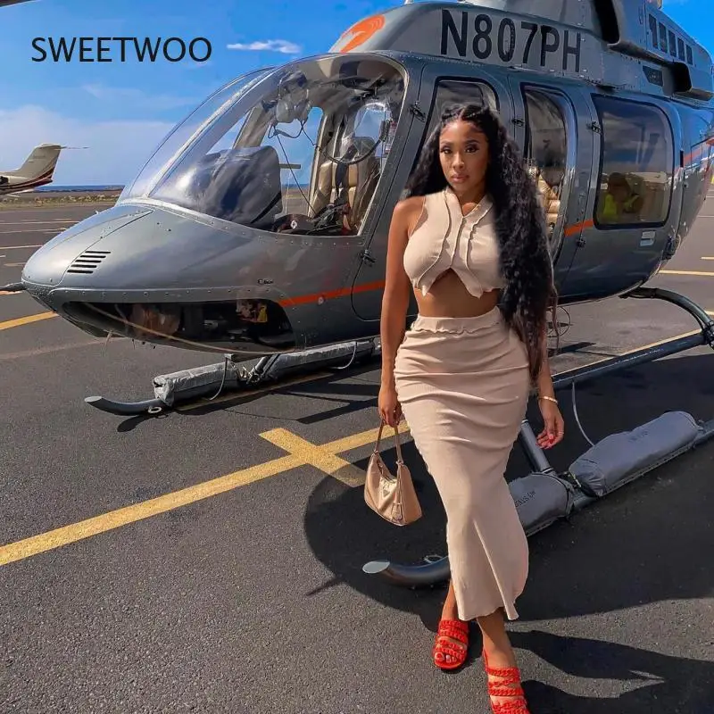 

Летний женский модный костюм для ночного клуба, юбка без рукавов с V-образным вырезом и разрезом, комплект из двух предметов