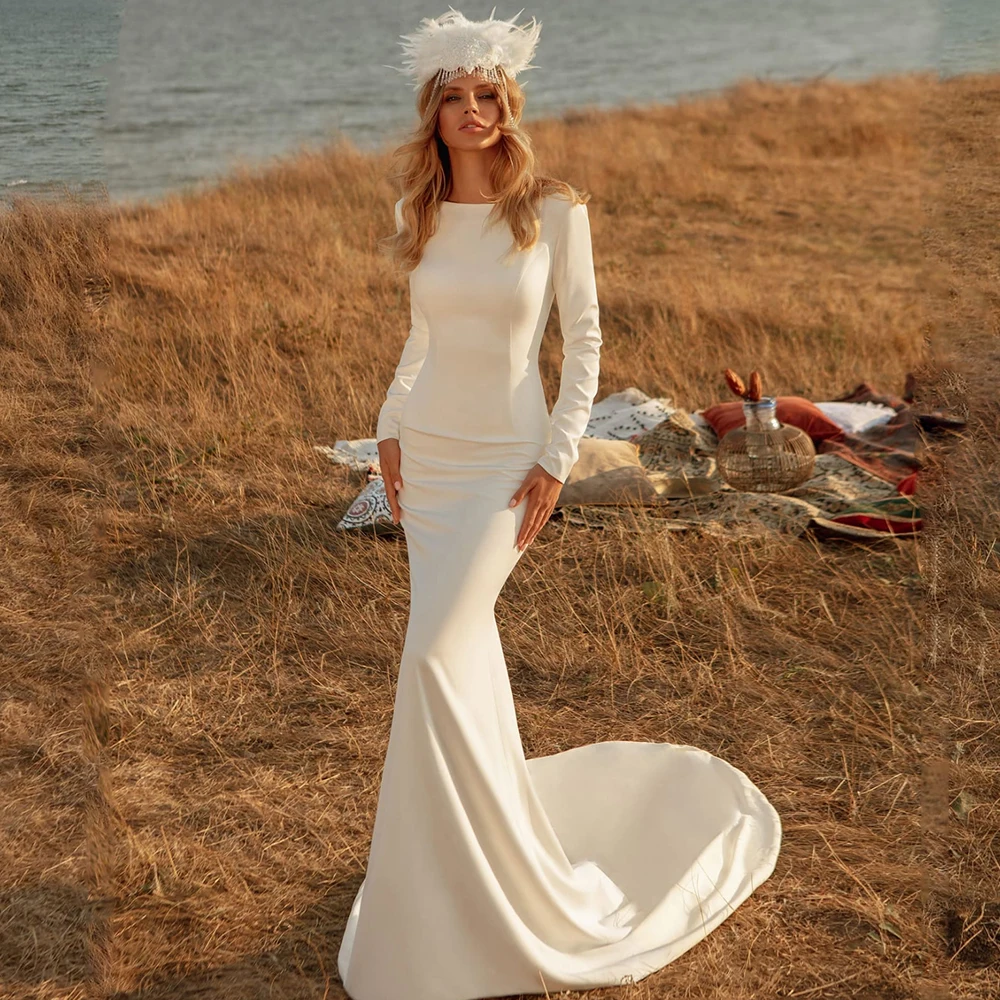

Ivory Wedding Dresses O-Neck Long Sleeves Satin Dress Mermaid Backless Court Train Backless Floor Length Bridal Gown платье 2022