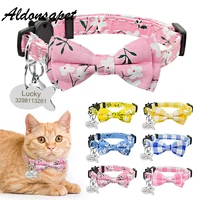 cute bowknot cat collar personalized id name fish tag print grid bowtie cat collar bell necklace custom nameplate cat collar