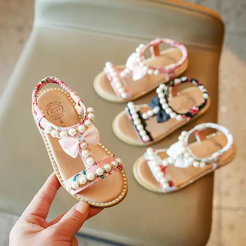 Summer Kids Shoes Girls Fashion Sandals Korean Style Pearl Bow Princess Shoes Flat Anti-slip