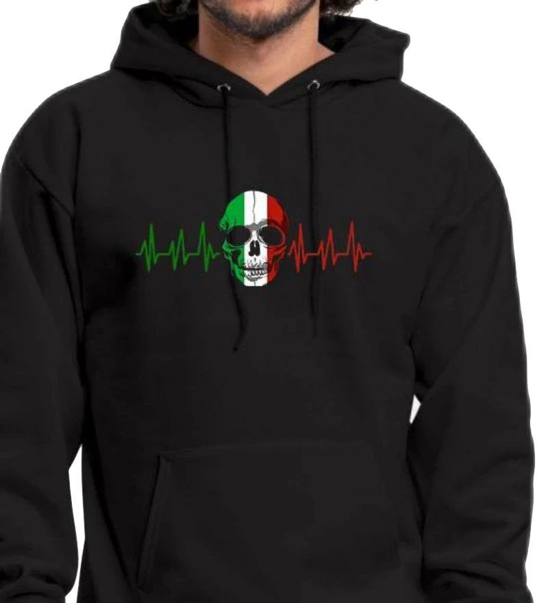 

Italy Flag Design Skull Heartbeat Graphic Fleece Hoodie Men's Milan Italian Rome Gift Sweatshirts Customizable Top