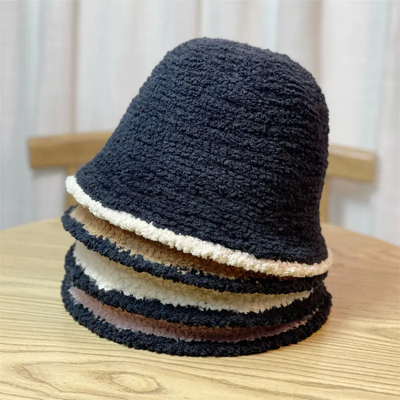 

Color Matching Lamb Velvet Dome Hat Autumn and Winter Solid Color Lamb Wool Warm Circle Bucket Hat Women