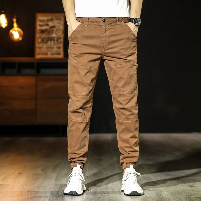 Streetwear Fashion Men Jeans Korean Style Spliced Designer Elastic Caramel Casual Cargo Pants Hombre Hip Hop Joggers Men Overall